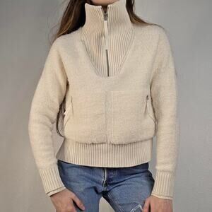 FLX Quarter Zip Sweater Pullover Cream High Neck Zip Pockets Wool Blend Size XS